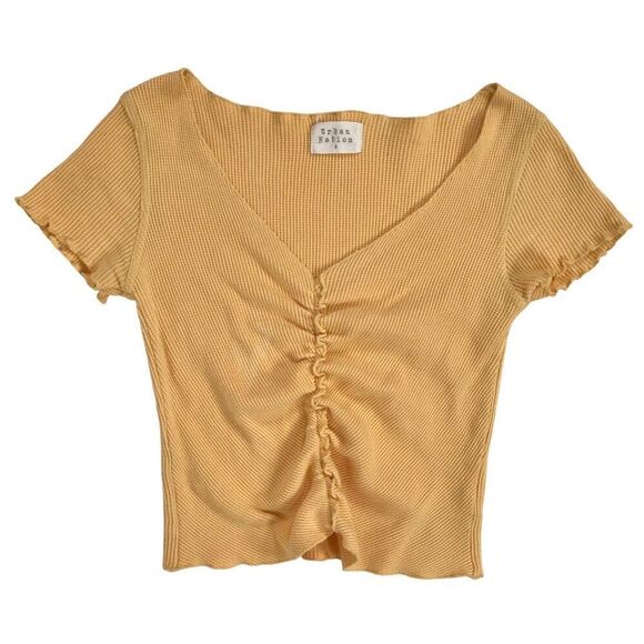 Womens Vintage Y2K Style Yellow Casual Short Sleeve Ribbed Ruched Crop Top / S - Picture 4 of 7